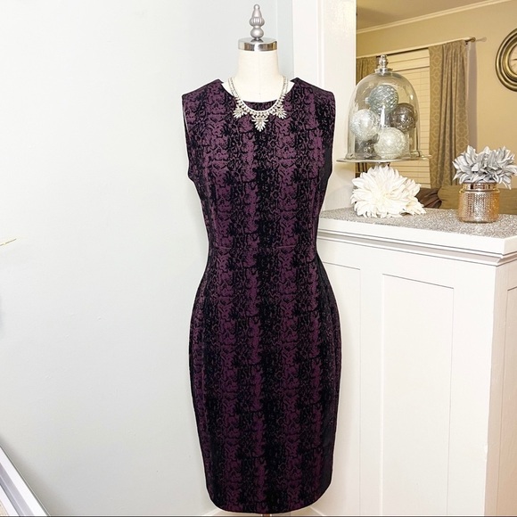 Calvin Klein Velvet Damask Flocked Sheath Dress Black Purple 8 - Picture 6 of 14
